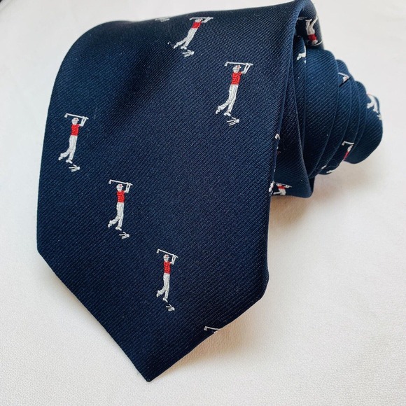 Johnny Appleseed’s Golf Motif Repp‎ Tie Navy Blue Prep Traditional Beverly Mass - Picture 2 of 7